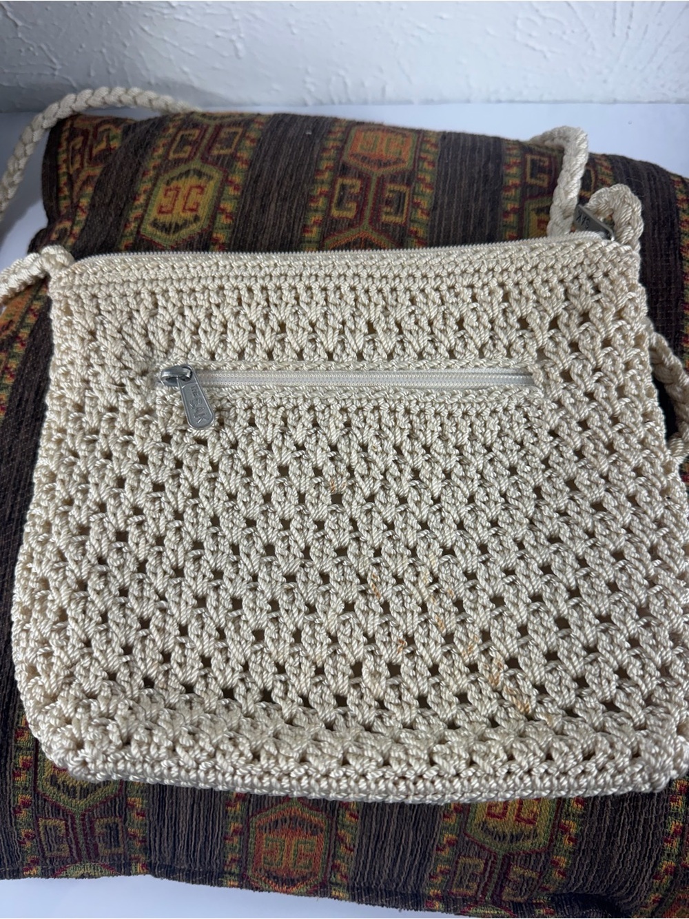 The Sak Cream Crochet Woven Shoulder Bag Zip Top Boho Purse - Picture 9 of 9